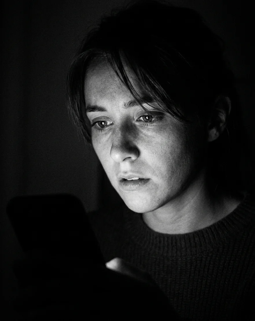 Una mujer iluminada solo por la pantalla de su teléfono