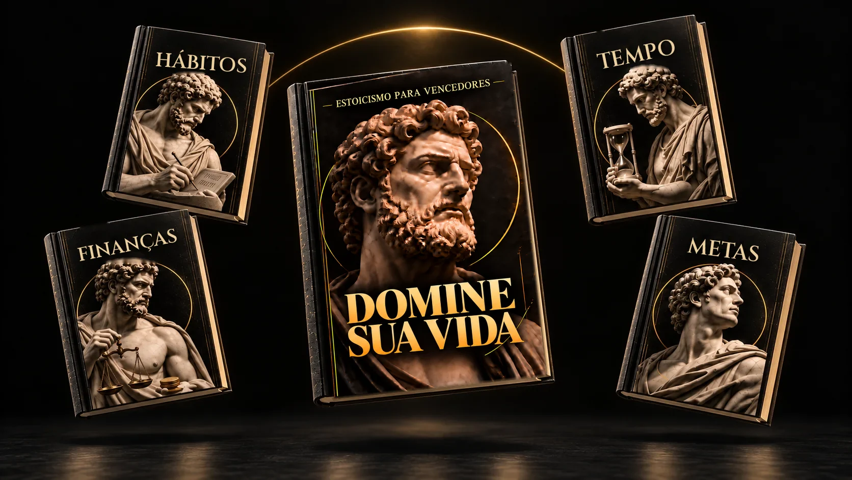 Os cinco volumes da coleção DOMINE suspensos no ar