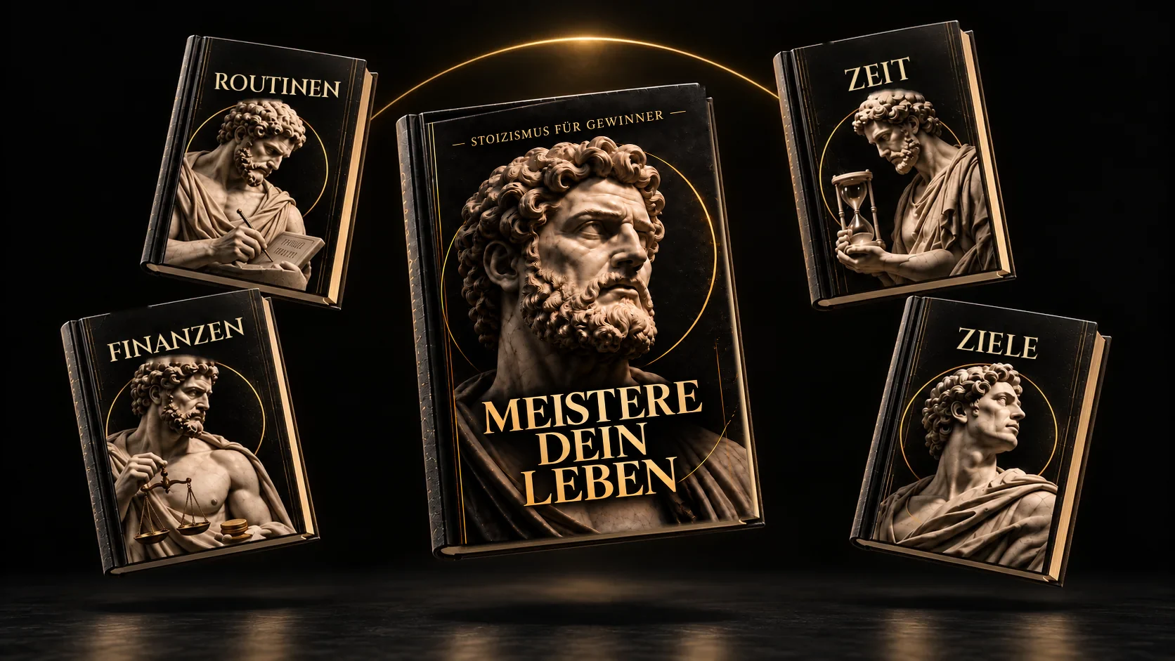 Die fünf Bände der Kollektion MEISTERE schwebend